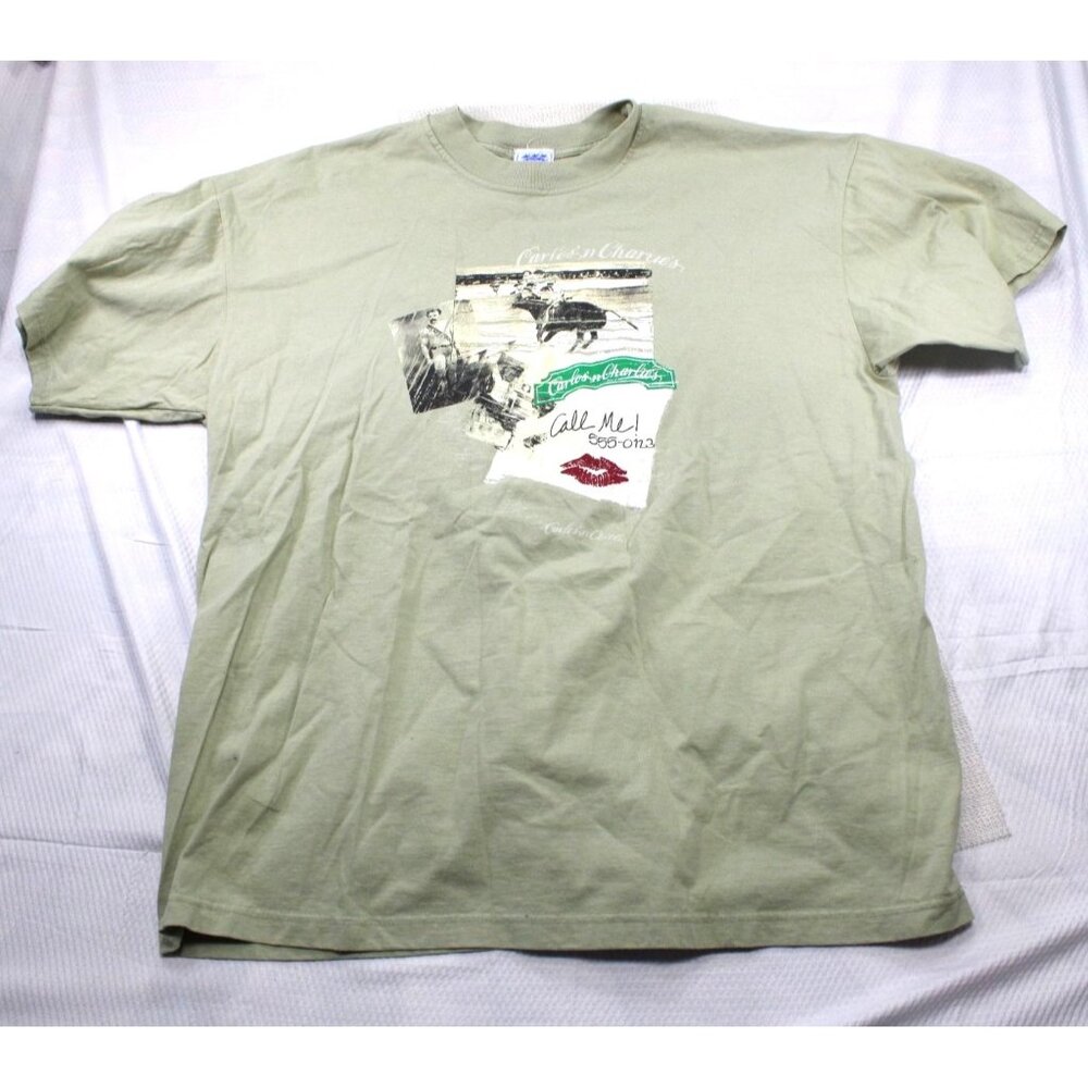 Carlosn‎ Charlies Graphic T-Shirt XXG/XXL Olive Green 100% Cotton Casual Top